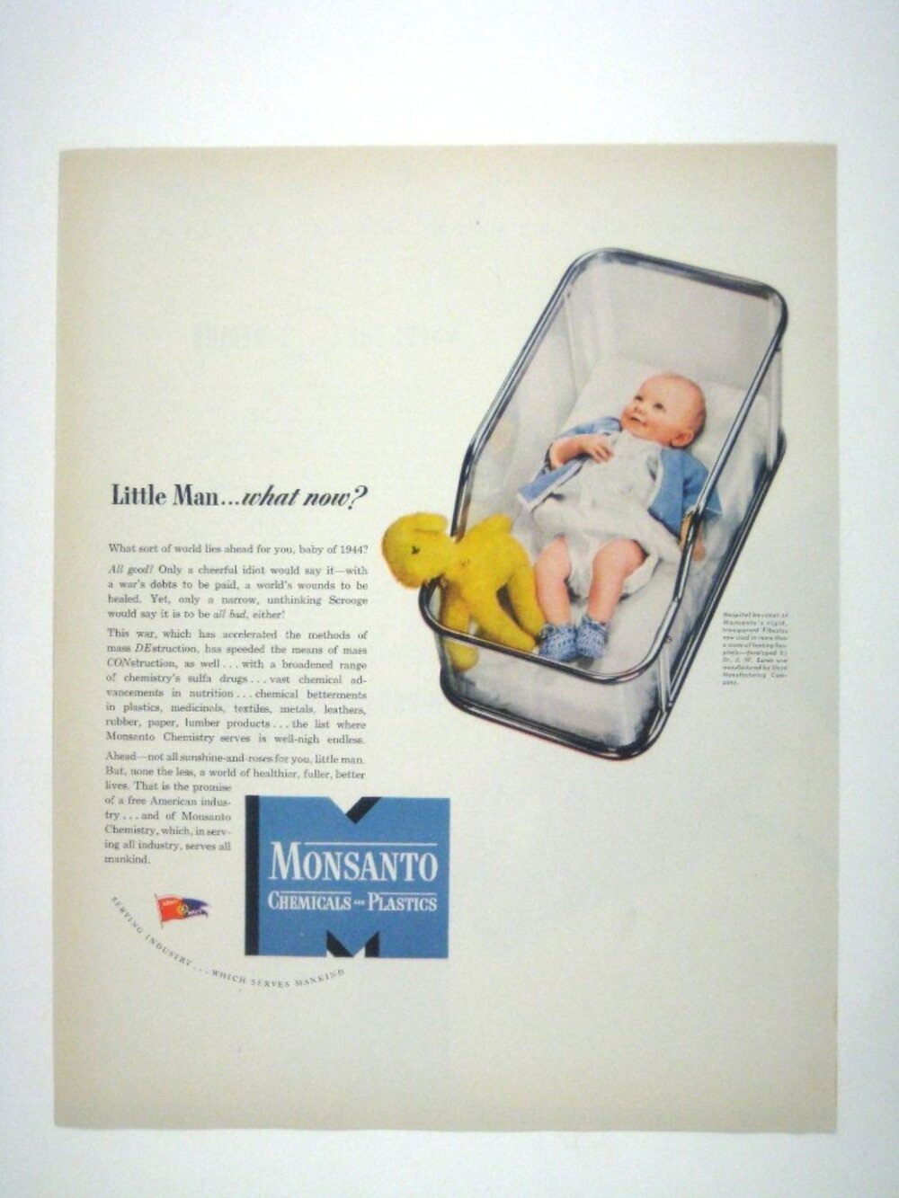 1944 Vintage Monsanto Chemicals Plastics Print Ad Baby Bassinet Yellow Toy Plush